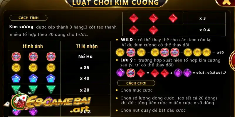 Cách tính tiền cược cơ bản khi chơi kim cương tại 68gamebai